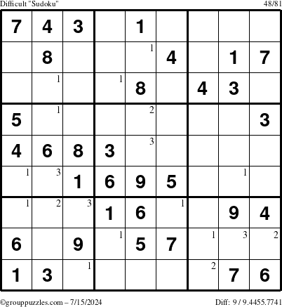 The grouppuzzles.com Difficult Sudoku puzzle for Monday July 15, 2024 with the first 3 steps marked