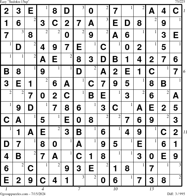 The grouppuzzles.com Easy Sudoku-15up puzzle for Monday July 15, 2024 with all 3 steps marked