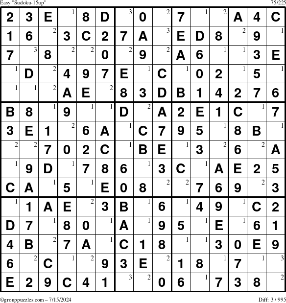 The grouppuzzles.com Easy Sudoku-15up puzzle for Monday July 15, 2024 with the first 3 steps marked