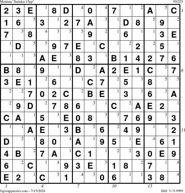 The grouppuzzles.com Medium Sudoku-15up puzzle for Monday July 15, 2024, suitable for printing, with all 5 steps marked