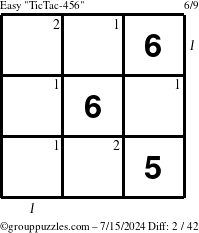 The grouppuzzles.com Easy TicTac-456 puzzle for Monday July 15, 2024, suitable for printing, with all 2 steps marked