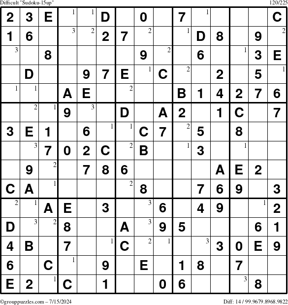 The grouppuzzles.com Difficult Sudoku-15up puzzle for Monday July 15, 2024 with the first 3 steps marked