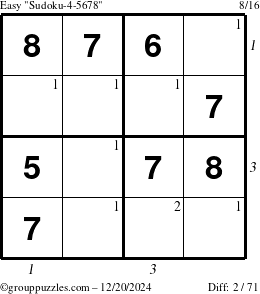 The grouppuzzles.com Easy Sudoku-4-5678 puzzle for Friday December 20, 2024, suitable for printing, with all 2 steps marked