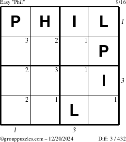 The grouppuzzles.com Easy Phil puzzle for Friday December 20, 2024 with all 3 steps marked