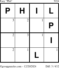 The grouppuzzles.com Easy Phil puzzle for Friday December 20, 2024 with the first 3 steps marked