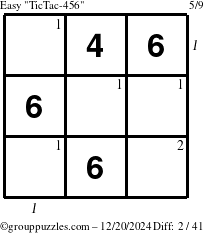 The grouppuzzles.com Easy TicTac-456 puzzle for Friday December 20, 2024 with all 2 steps marked