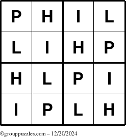 The grouppuzzles.com Answer grid for the Phil puzzle for Friday December 20, 2024