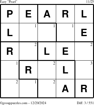 The grouppuzzles.com Easy Pearl puzzle for Friday December 20, 2024 with the first 3 steps marked