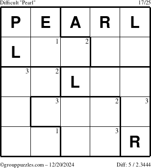 The grouppuzzles.com Difficult Pearl puzzle for Friday December 20, 2024 with the first 3 steps marked