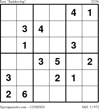 The grouppuzzles.com Easy Sudoku-6up puzzle for Friday December 20, 2024