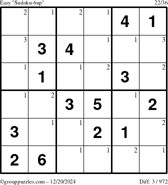 The grouppuzzles.com Easy Sudoku-6up puzzle for Friday December 20, 2024 with the first 3 steps marked