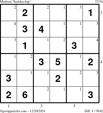 The grouppuzzles.com Medium Sudoku-6up puzzle for Friday December 20, 2024 with all 4 steps marked