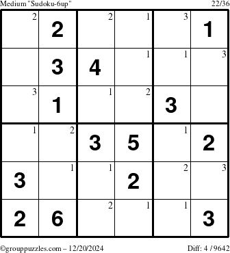 The grouppuzzles.com Medium Sudoku-6up puzzle for Friday December 20, 2024 with the first 3 steps marked