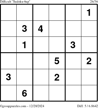 The grouppuzzles.com Difficult Sudoku-6up puzzle for Friday December 20, 2024