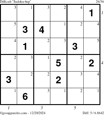 The grouppuzzles.com Difficult Sudoku-6up puzzle for Friday December 20, 2024, suitable for printing, with all 5 steps marked