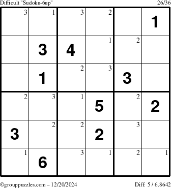 The grouppuzzles.com Difficult Sudoku-6up puzzle for Friday December 20, 2024 with the first 3 steps marked