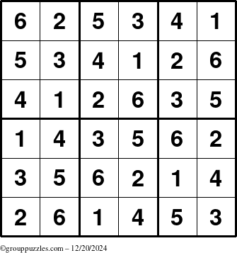 The grouppuzzles.com Answer grid for the Sudoku-6up puzzle for Friday December 20, 2024