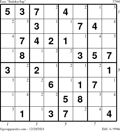 The grouppuzzles.com Easy Sudoku-8up puzzle for Friday December 20, 2024 with all 4 steps marked