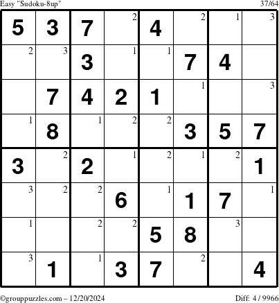 The grouppuzzles.com Easy Sudoku-8up puzzle for Friday December 20, 2024 with the first 3 steps marked