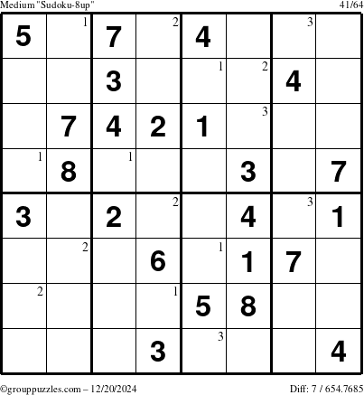 The grouppuzzles.com Medium Sudoku-8up puzzle for Friday December 20, 2024 with the first 3 steps marked