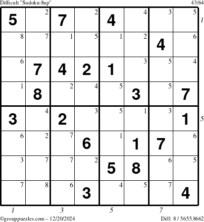 The grouppuzzles.com Difficult Sudoku-8up puzzle for Friday December 20, 2024, suitable for printing, with all 8 steps marked