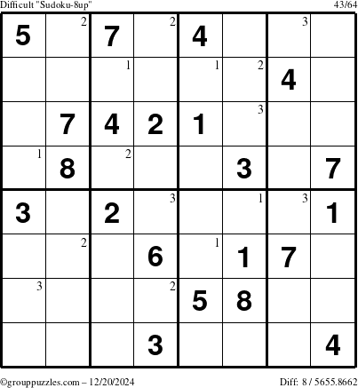 The grouppuzzles.com Difficult Sudoku-8up puzzle for Friday December 20, 2024 with the first 3 steps marked