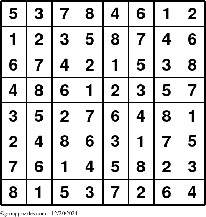 The grouppuzzles.com Answer grid for the Sudoku-8up puzzle for Friday December 20, 2024