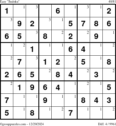 The grouppuzzles.com Easy Sudoku puzzle for Friday December 20, 2024 with the first 3 steps marked