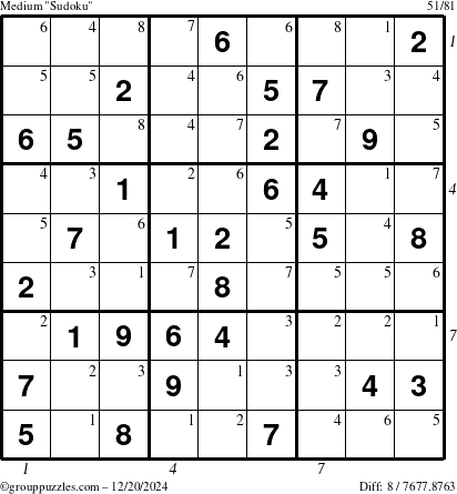 The grouppuzzles.com Medium Sudoku puzzle for Friday December 20, 2024, suitable for printing, with all 8 steps marked