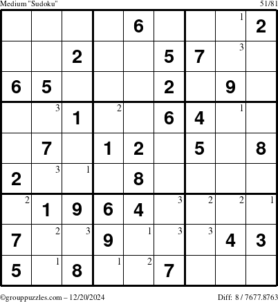 The grouppuzzles.com Medium Sudoku puzzle for Friday December 20, 2024 with the first 3 steps marked