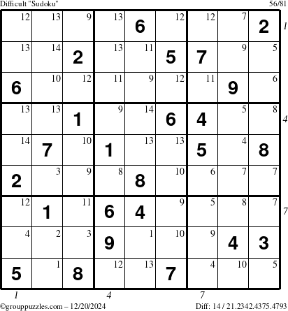 The grouppuzzles.com Difficult Sudoku puzzle for Friday December 20, 2024 with all 14 steps marked