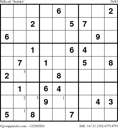 The grouppuzzles.com Difficult Sudoku puzzle for Friday December 20, 2024 with the first 3 steps marked