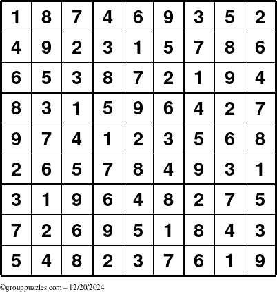 The grouppuzzles.com Answer grid for the Sudoku puzzle for Friday December 20, 2024