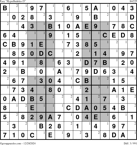 The grouppuzzles.com Easy HyperSudoku-15 puzzle for Friday December 20, 2024 with the first 3 steps marked