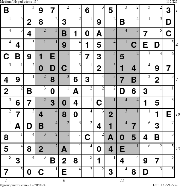 The grouppuzzles.com Medium HyperSudoku-15 puzzle for Friday December 20, 2024, suitable for printing, with all 7 steps marked