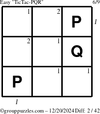 The grouppuzzles.com Easy TicTac-PQR puzzle for Friday December 20, 2024, suitable for printing, with all 2 steps marked