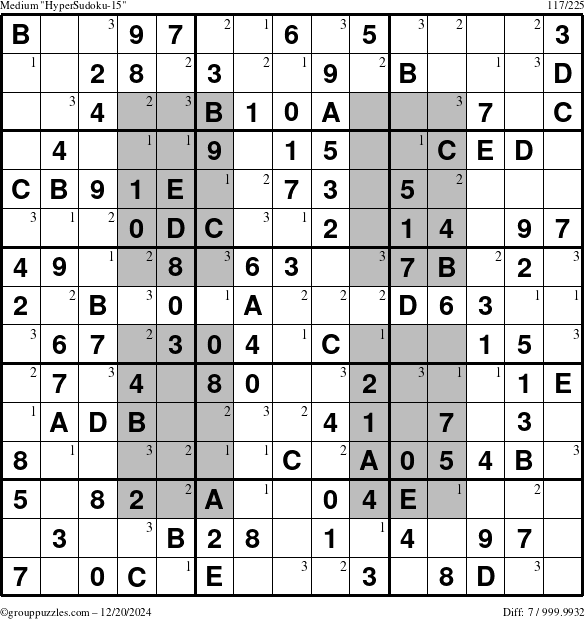 The grouppuzzles.com Medium HyperSudoku-15 puzzle for Friday December 20, 2024 with the first 3 steps marked