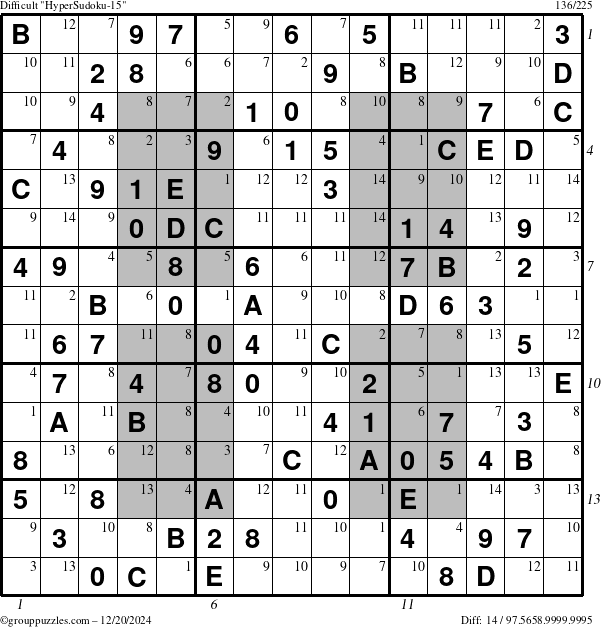 The grouppuzzles.com Difficult HyperSudoku-15 puzzle for Friday December 20, 2024 with all 14 steps marked