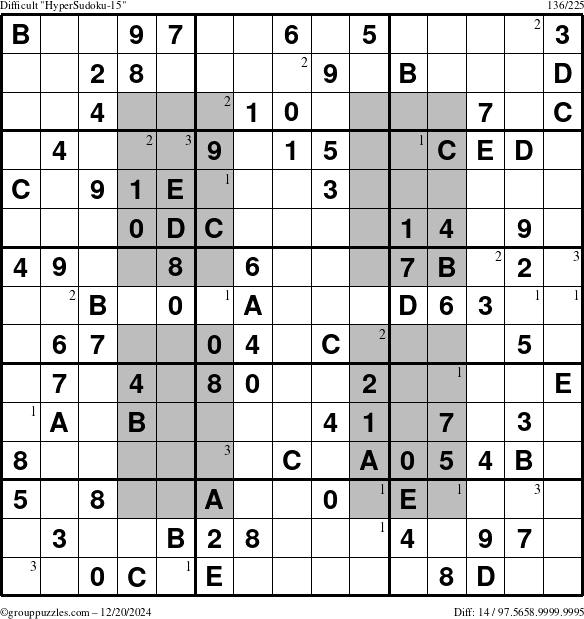 The grouppuzzles.com Difficult HyperSudoku-15 puzzle for Friday December 20, 2024 with the first 3 steps marked