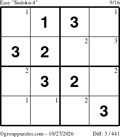 The grouppuzzles.com Easy Sudoku-4 puzzle for Tuesday October 27, 2026 with the first 3 steps marked