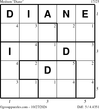 The grouppuzzles.com Medium Diane puzzle for Tuesday October 27, 2026, suitable for printing, with all 5 steps marked
