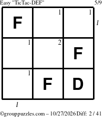 The grouppuzzles.com Easy TicTac-DEF puzzle for Tuesday October 27, 2026, suitable for printing, with all 2 steps marked