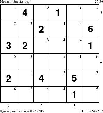 The grouppuzzles.com Medium Sudoku-6up puzzle for Tuesday October 27, 2026 with all 6 steps marked