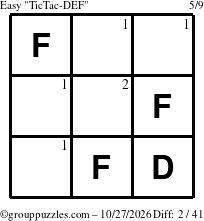 The grouppuzzles.com Easy TicTac-DEF puzzle for Tuesday October 27, 2026 with the first 2 steps marked