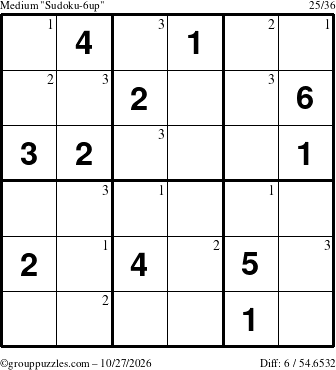 The grouppuzzles.com Medium Sudoku-6up puzzle for Tuesday October 27, 2026 with the first 3 steps marked