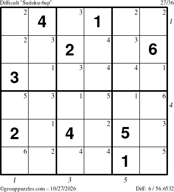 The grouppuzzles.com Difficult Sudoku-6up puzzle for Tuesday October 27, 2026, suitable for printing, with all 6 steps marked