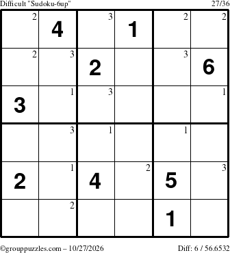 The grouppuzzles.com Difficult Sudoku-6up puzzle for Tuesday October 27, 2026 with the first 3 steps marked