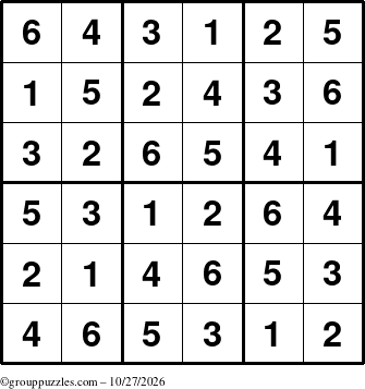 The grouppuzzles.com Answer grid for the Sudoku-6up puzzle for Tuesday October 27, 2026