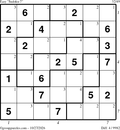 The grouppuzzles.com Easy Sudoku-7 puzzle for Tuesday October 27, 2026 with all 4 steps marked