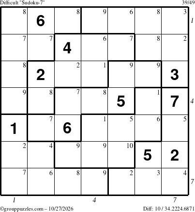 The grouppuzzles.com Difficult Sudoku-7 puzzle for Tuesday October 27, 2026, suitable for printing, with all 10 steps marked
